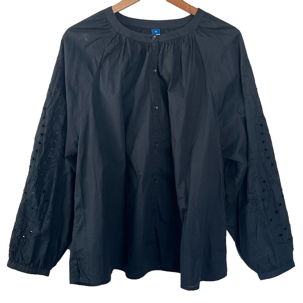Old Navy Blouse Eyelet Sleeve Button Up Black XL